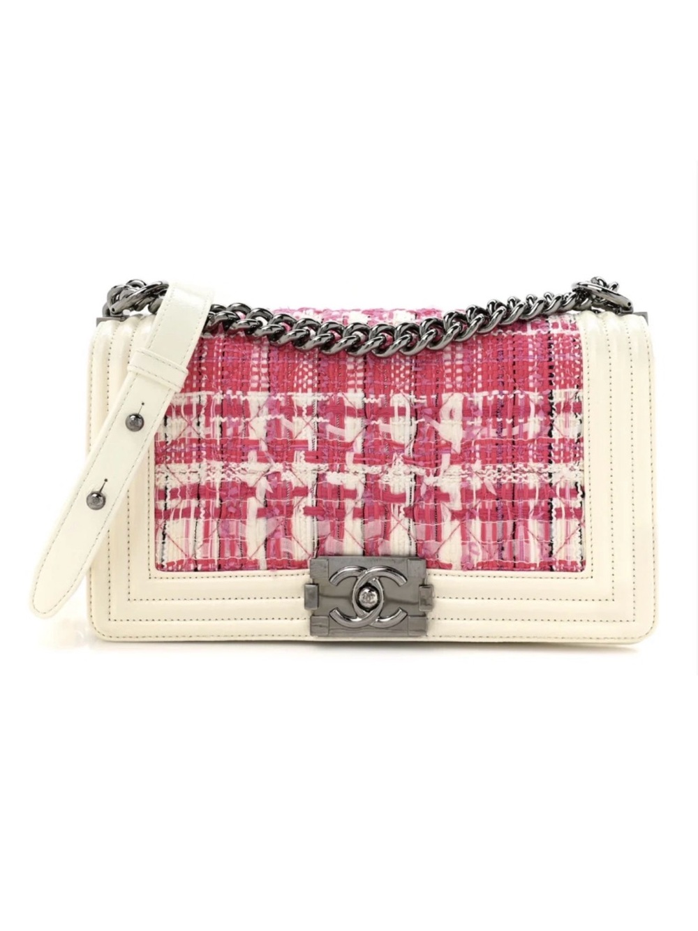 CHANEL Patent Tweed Medium Boy Flap White